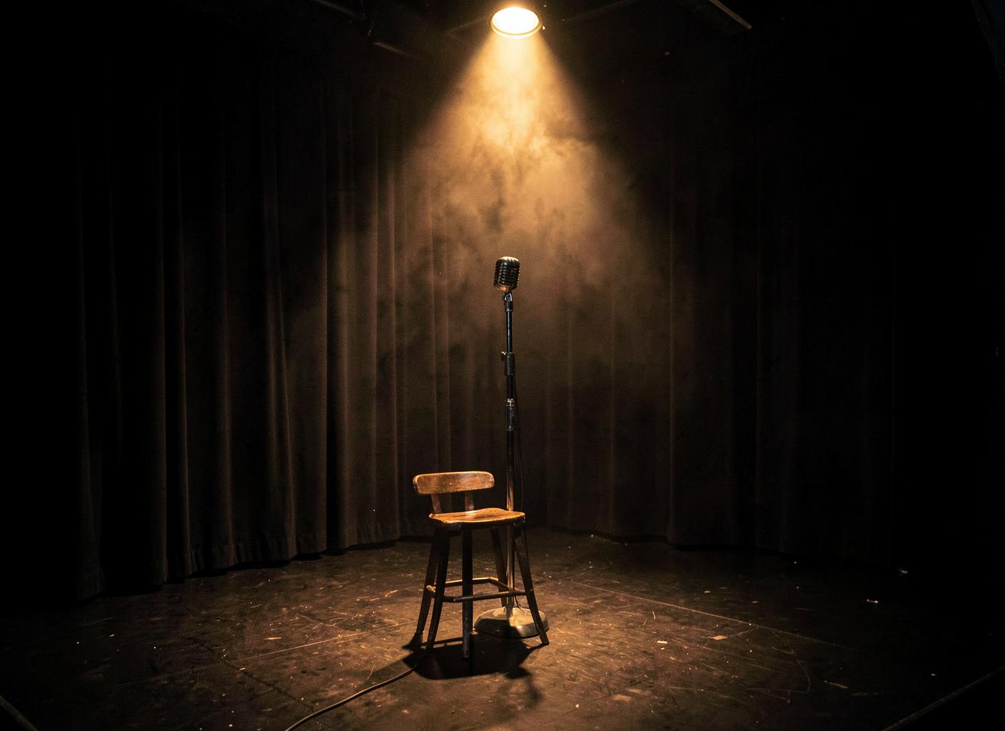 Leere Bühne mit Mikrofon und Hocker im Spotlight